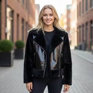 Sebby Collection Black Faux Fur Faux Leather Bomber Biker Jacket XL Zip Up